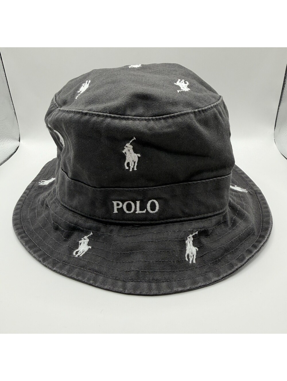 Polo Ralph Lauren Unisex Bucket Hat Small/Medium Dark Grey White Pony AOP NWOT